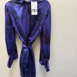 Zara Blue Satin Patterned kimono style dress